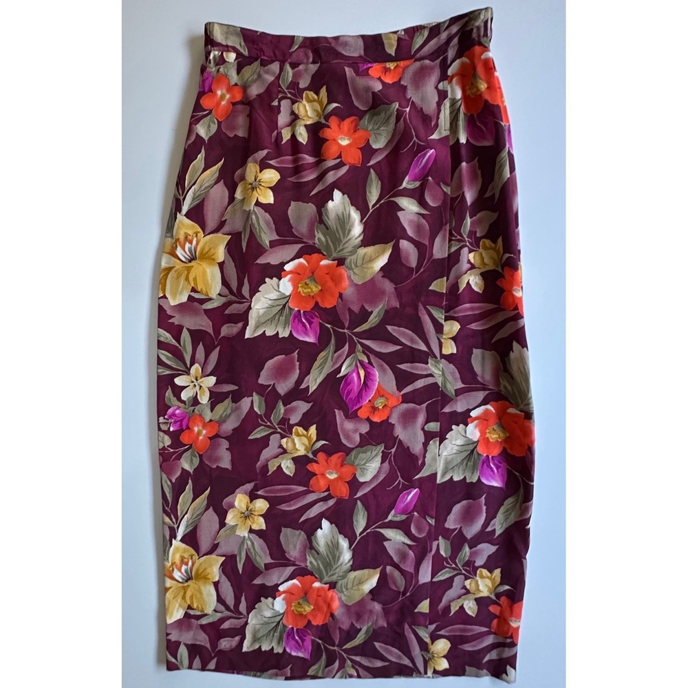 Jennifer Moore Petites VTG 100% Silk Floral Faux Wrap Midi Skirt Plum Size 8P